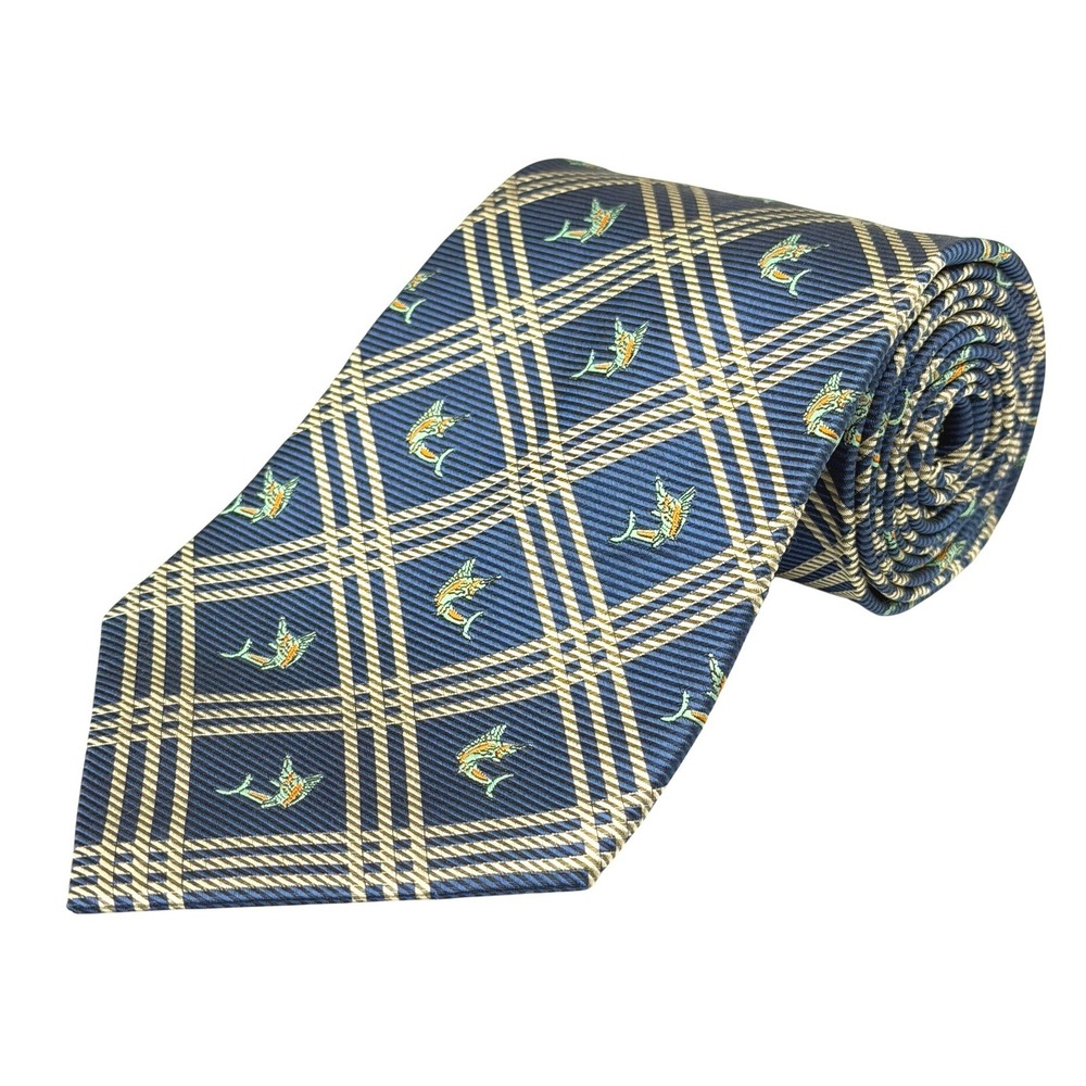 Off Island by Tommy Bahama 100% Silk Mens Tie Gold Blue Marlin Plaid 57.5"L
